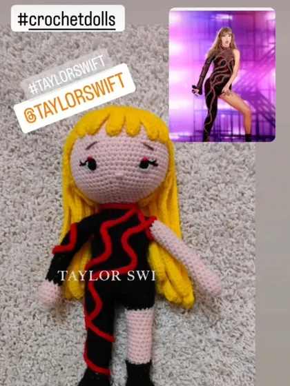 A custom-made doll of the artist Taylor Swift in one of her famous tour outfits. I enjoy recreating these detailed looks to make a special gift for a fan.