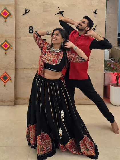 Getting into the Navratri spirit with my partner. We love dressing up in traditional attire and bringing that dramatic, festive energy to the studio.