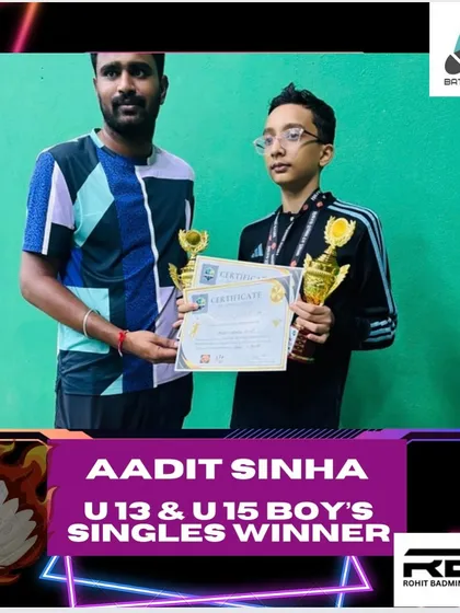 A proud moment with Aadit Sinha, the winner of both U13 and U15 Boy's Singles. My goal is to guide young players to achieve their full potential in competitive badminton.