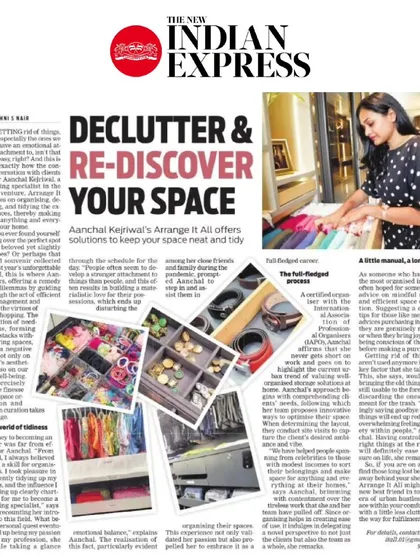 I was so happy to be featured in The New Indian Express, where I got to share my thoughts on how decluttering is a way to rediscover your space and your peace of mind. It's wonderful to see this conversation about emotional wellness through organizing reach a wider audience.