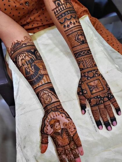 A mixed-style design with a couple portrait on one hand and a traditional pattern on the other.