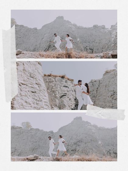 A creative collage of a couple's pre-wedding photos, edited with a torn paper and tape effect for a scrapbook feel.