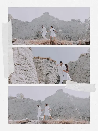 A creative collage of a couple's pre-wedding photos, edited with a torn paper and tape effect for a scrapbook feel.