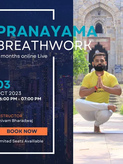 This graphic announces our 3-month online live Pranayama and Breathwork course. Oxygen is the body's dominant element, and this program is designed to teach you how to master yogic breathing to enhance oxygen levels for total well-being.