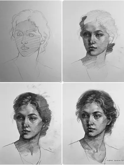 A four-panel image showing the progression of a graphite sketch. It demonstrates how a portrait is built up from simple shapes to a fully shaded, expressive drawing.
