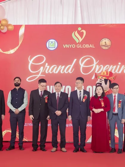 On stage with the President of the Vietnam Yoga Federation and other leaders during the grand opening ceremony. These partnerships help us build a global yoga community.