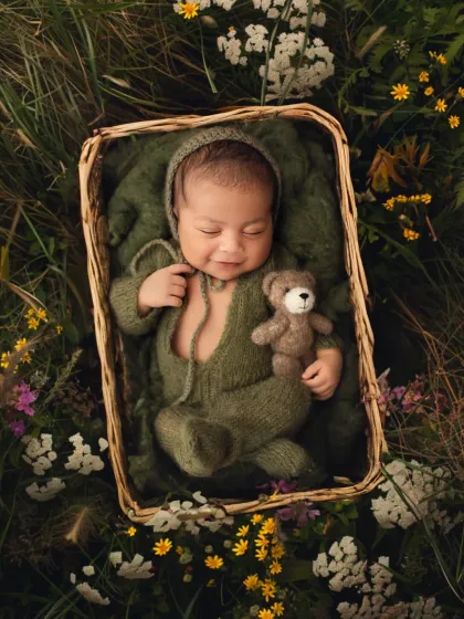A sweet newborn boy in an olive green romper, nestled in a basket in a field of digital wildflowers. This composite image shows how I can create outdoor looks in a controlled studio environment.