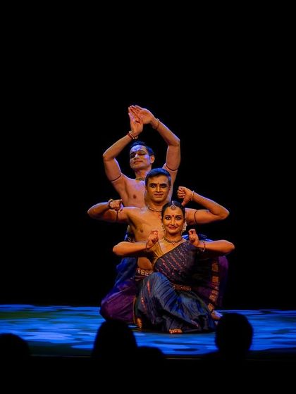 A layered group pose from 'Abha'. My choreography for trios often plays with levels and depth to create a dynamic and three-dimensional stage presence.