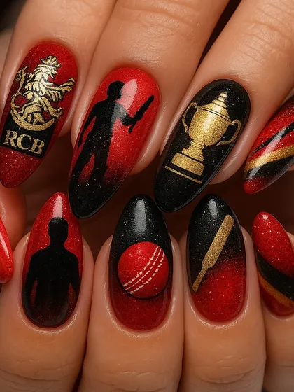 For our fellow Bangaloreans, you know the feeling. We created this custom RCB-themed nail art to celebrate the big win. Ee Sala Cup Namdu, and we've got the nails to prove it.