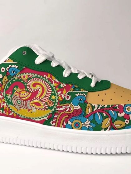 This Kalamkari-inspired design was created for Liberty Shoes. The artwork features intricate peacock and floral motifs, typical of this beautiful art form from Andhra Pradesh.
