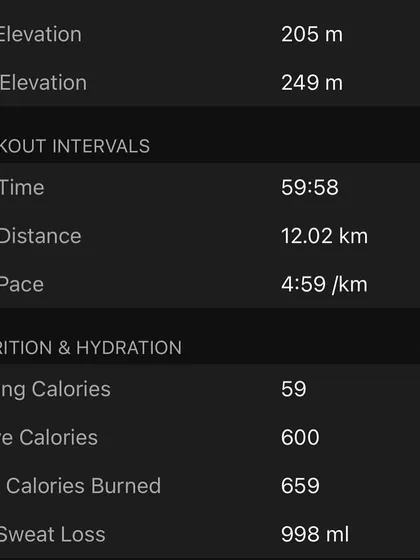 The details of a 12km run, showing an estimated sweat loss of nearly 1 liter. This highlights the importance of hydration, especially in the heat.