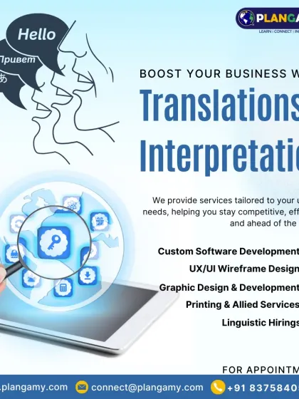 Boost your business with our integrated translation and interpretation services. This graphic illustrates how we help companies stay competitive with tailored linguistic solutions, including document translation and live interpretation for meetings and conferences.
