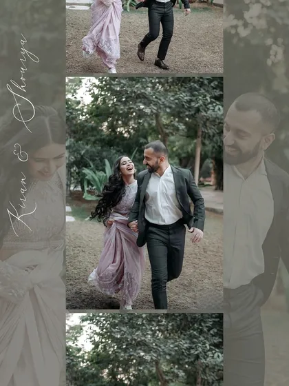 A collage that beautifully captures the couple's playful energy. The main image of them running together is complemented by softer, romantic close-ups, telling a complete story.