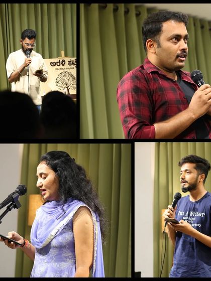 A collage of talented performers from an "Arali Katte" open mic, showcasing poetry and storytelling.