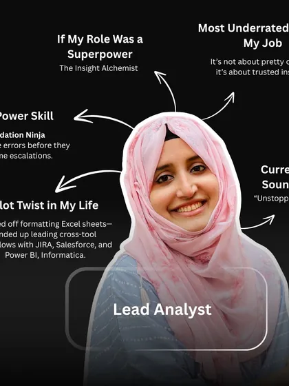 This is a snapshot of Lead Analyst Arshina's superpowers. As a "Validation Ninja" and "Insight Alchemist," she catches errors before they escalate and focuses on delivering trusted insights, not just pretty charts.