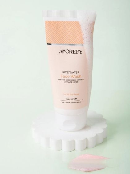 A close-up texture shot of a rice water face wash, showing its smooth, creamy consistency. Texture shots are essential for helping customers understand how a product feels.