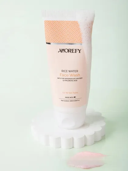 A close-up texture shot of a rice water face wash, showing its smooth, creamy consistency. Texture shots are essential for helping customers understand how a product feels.