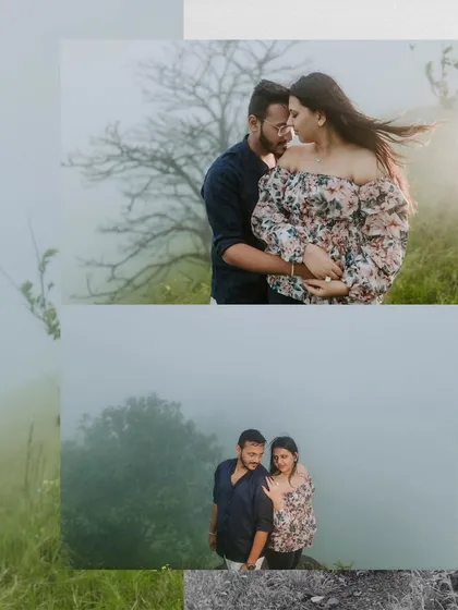 A collage from a misty, romantic pre-wedding shoot in the hills of Igatpuri. The fog creates a dreamy, intimate atmosphere that is perfect for couple portraits.