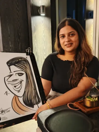 Her smile is infectious, and I tried to capture that same joyful expression in her caricature.