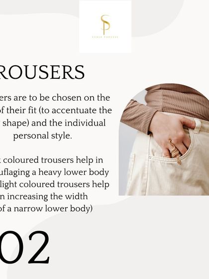 This week's clothing tip is about trousers. The color and fit you choose can visually alter your proportions. Dark colors help camouflage a heavy lower body, while light colors can add width to a narrow frame.