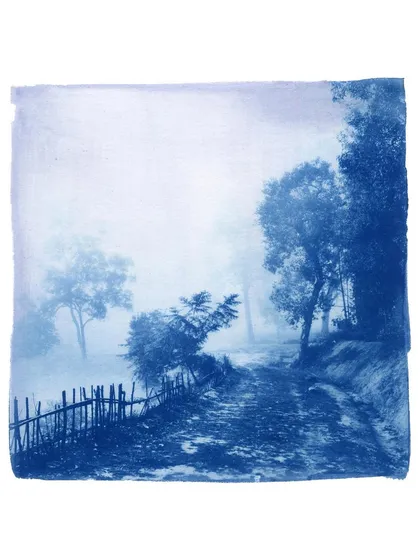 A misty, atmospheric landscape rendered as a cyanotype. We often tweak our chemistry to extend the tonal range of the process, achieving delicate gradients and details.