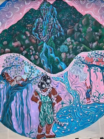 The completed central circle of the "Kurinji" painting before the background elements were added. The composition is inspired by the beautiful murals of Lepakshi, blending traditional styles with my own narrative.