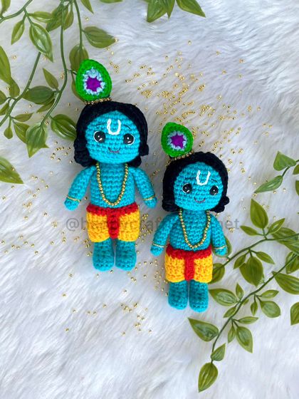 Two little Krishna dolls, side-by-side. They are one of my most popular designs and I love making them. Each one is handmade with love and is perfect for Janmashtami or as a gift for a loved one.