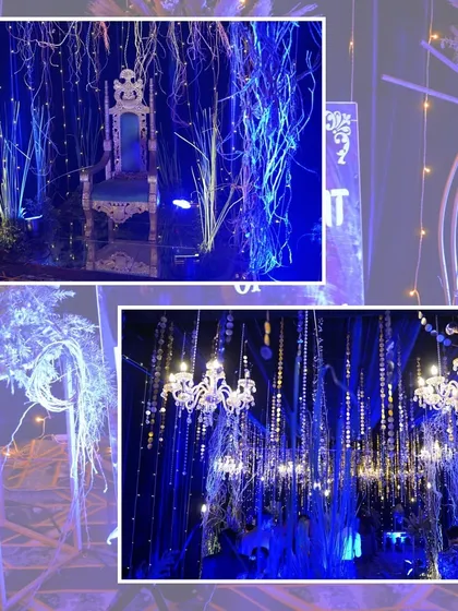 Details from the 'Starry Night' decor, including a throne-like seat for the couple and dramatic blue uplighting on rustic branches. These elements add to the enchanting and mystical atmosphere.