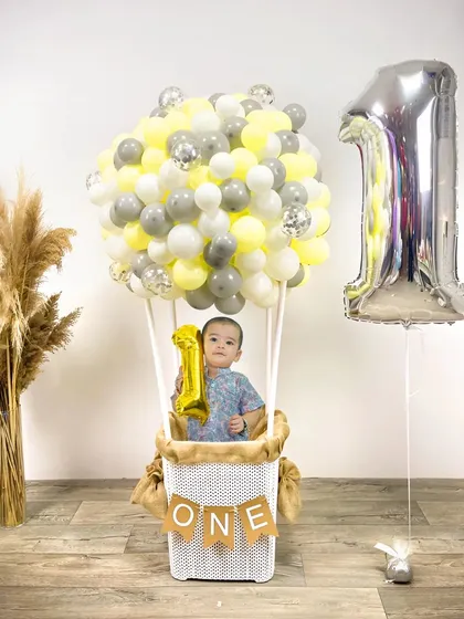 A creative first birthday photoshoot featuring a baby in a custom hot-air balloon prop. We offer unique, themed setups like this to make your child's milestone portraits extra special.