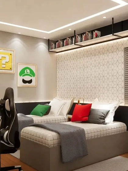 This view shows the complete layout of the room, combining the sleeping and gaming areas into one cohesive and fun space.
