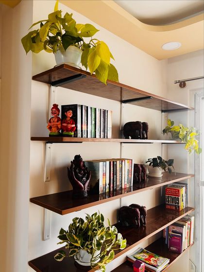 This is how you can integrate plants throughout your shelving. A mix of different pothos varieties at various levels creates a dynamic and green display that makes the whole wall feel alive.