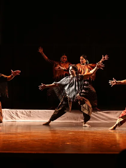 My troupe and I in a powerful formation from 'Antariksha Sanchar'. The choreography involved both classical Bharatanatyam and elements of contemporary dance to convey the story of a young dreamer who learns to fly.