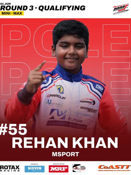Rehan Khan takes pole for Round 3 of the Meco Meritus Cup in the Mini Max category.