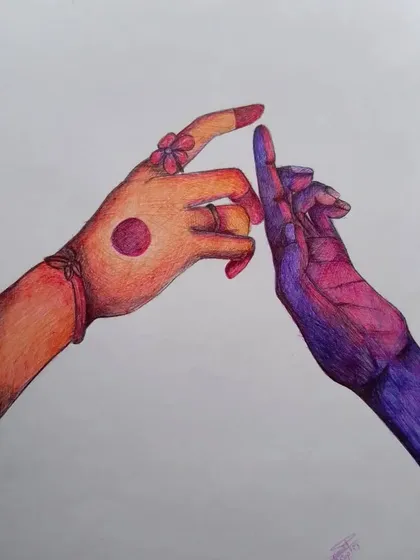 I created this pen artwork to express a moment that is beyond words. The two hands, each with different colors and details, represent a connection that I can only feel. It's a piece about emotion and unspoken understanding.