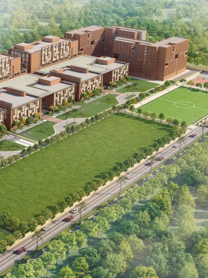 An aerial render of Rishihood University, showing how the masterplan translates into a physical form. The layout balances built structures with expansive green lawns and sports fields, creating a healthy and integrated environment.