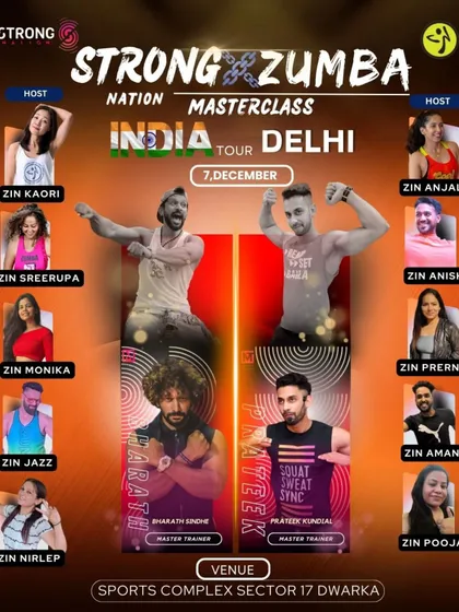 Here is an official poster for one of my combo masterclasses in Delhi. I often team up with other master trainers to deliver 90-minute non-stop sessions combining the dance party of Zumba with the high-intensity challenge of Strong Nation.