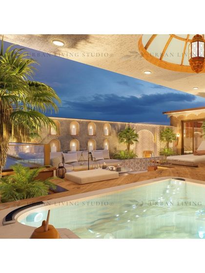 An overview of the Moroccan terrace, showing the jacuzzi, a large seating area with arched wall niches, and lush palm trees that transport you to another place.