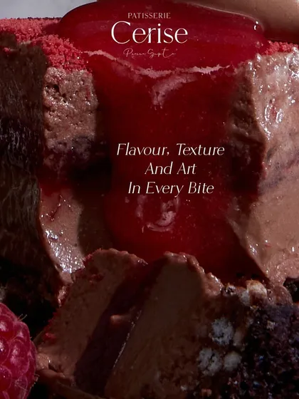 Flavour, texture, and art in every bite. This extreme close-up captures the lusciousness of a chocolate and raspberry entremet.