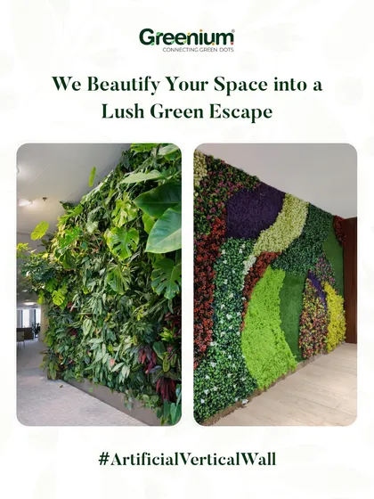 We beautify your space into a lush green escape. This image shows two different styles of our artificial vertical walls, one with a dense, tropical feel and the other with a colorful, artistic pattern, showcasing our versatility.