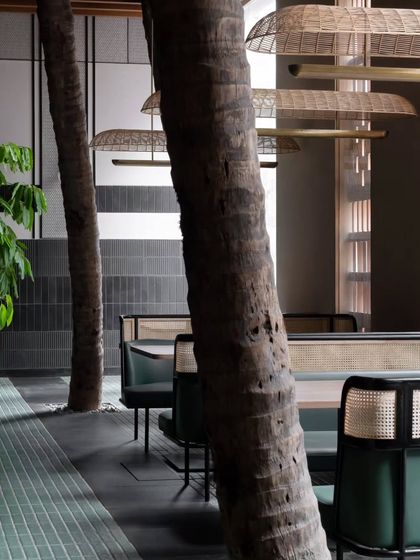 The row of custom-designed booths sits alongside the preserved tree trunks. The dark green upholstery and cane details on the seating tie into the restaurant's overall natural material palette.