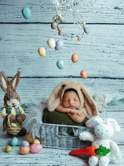 An Easter celebration with our little bunny boy. The hanging eggs and basket of carrots create a festive and joyful spring scene.