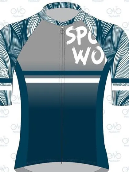 The women's version of our special 'Doodle' design jersey. This mockup shows the unique flowing line art on the sleeves and the clean, modern typography for 'SPOKES WOMEN'.