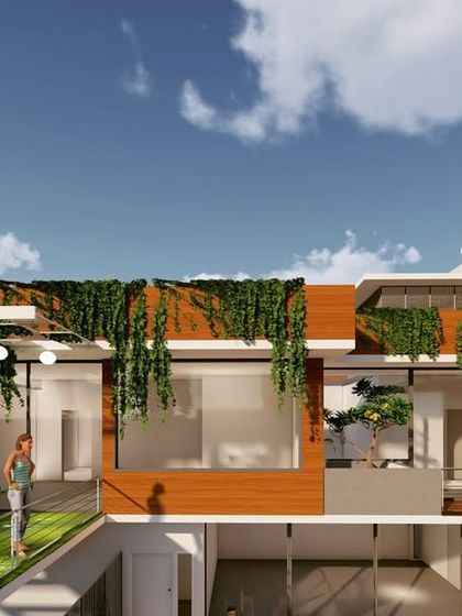 This rendering shows a multi-level home designed around open-air living. A large central void is surrounded by green terraces, balconies, and covered walkways, ensuring every part of the home is connected to the outdoors.