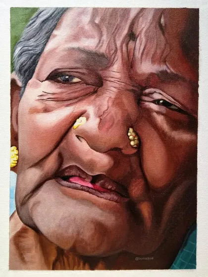 This 12"x16" commission was painted with acrylics on a stretched canvas. The goal was to create a hyper-realistic portrait that felt authentic, paying close attention to the deep wrinkles and expressive features.