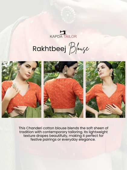 This Chanderi cotton blouse blends the soft sheen of tradition with contemporary tailoring. Its lightweight texture drapes beautifully, making it perfect for festive pairings or everyday elegance.