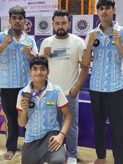 Our coach with medal winners at the 17th National Senior Kickboxing Championship in Dehradun.
