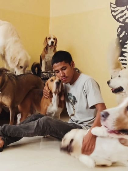 A beautiful, candid moment of a staff member comforting a Basset Hound.