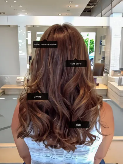 This dark chocolate brown with soft curls is a rich, indulgent look. Our students master the art of creating deep, multi-tonal brunettes.