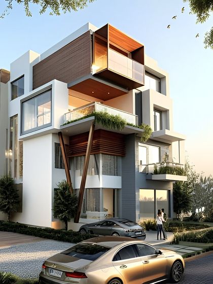 Where glass, wood, and concrete meet in perfect harmony. This modern facade blends geometric shapes and unique textures, creating a space full of character and style, as envisioned in this detailed architectural render.