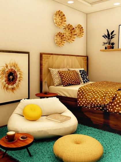 We embraced a modern bohemian decor for this cozy bedroom. The design uses natural wood tones and a warm, muted color palette as a base, punctuated by a vibrant turquoise rug and yellow accents. Wicker wall decor and eclectic art complete this harmonious and relaxing oasis.